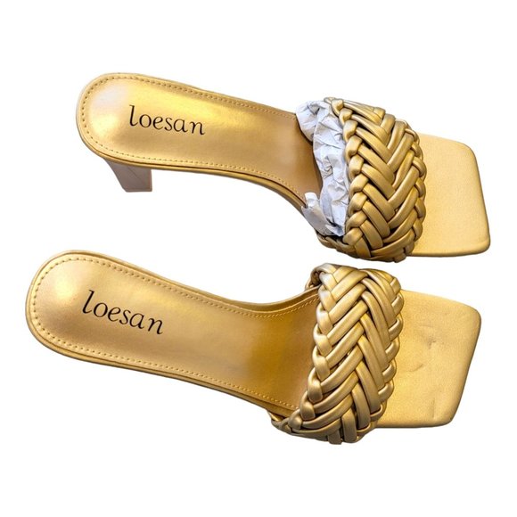 Gold Heeled Slides Dressy Sandals Square Toe Braided by Loesan Size 42 JJ3321 - Picture 2 of 9
